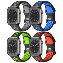 4 件/套 Apple 双色穿孔硅胶表带，适合 38 毫米、40 毫米、41 毫米、42 毫米、44 毫米、45 毫米、46 毫米、49 毫米 Apple Watch 系列 SE/10/9/8/7/6/5/4/3/2/1/Ultra 2，柔软纯色运动表带，透气