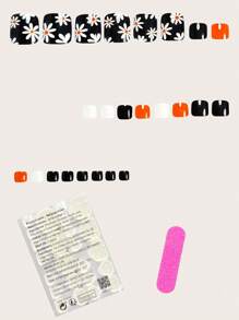 用 24 件短方形按压式脚趾甲表达您的爱意，简约优雅的白色花朵橙色雌蕊黑色假指甲时尚瓷白色脚趾甲橙色脚趾甲波西米亚风格全覆盖假脚趾甲套装，适用于女士和女孩，包括美甲沙龙用 1 块果冻凝胶和 1 个锉刀 Stri 果冻凝胶随机发货