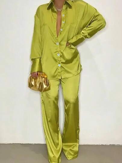 New Women's Long-Sleeved Satin Lapel Shoulder-Sleeved Shirt And Casual Pants Set Spring