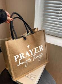 Geantă tote din in negru cu model inspirațional de litere și geantă de machiaj, geantă de cumpărături portabilă