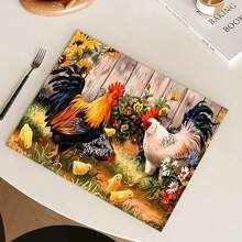 4 件套鸡场印花亚麻餐垫 - 100% 编织亚麻矩形桌垫，适用于餐厅、厨房 - 可洗、防滑、耐热餐垫，适用于咖啡桌、餐桌装饰