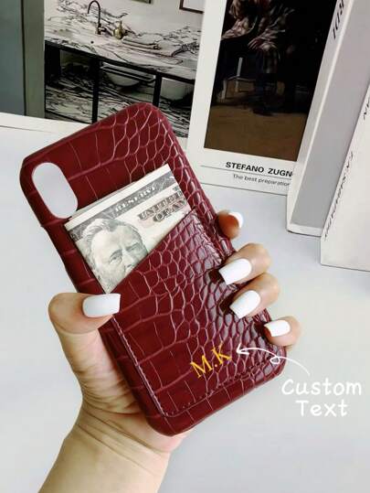 1pc Personalized Crocodile Leather Texture Phone Case, Monogrammed  Credit Card Holder Wallet Phone Case, Initials Design Compatible With  16 15 14 13 12 11 Pro XS Max X XR Plus, Great Birthday, Holiday, Anniversary, Wedding Gift For Him/Her (PU Leather, Foil Print),Burgundy Red,Stylish,Colorful,Vintage,Cute,Contracted,Funny,Custom,Personalized,Unique,Customized,Ideal Gifts For Him,Ideal Gifts For Her,Boyfriend,Girlfriend,Family,Friends,Grandparents,Couple,For Anniversaries,For Birthdays