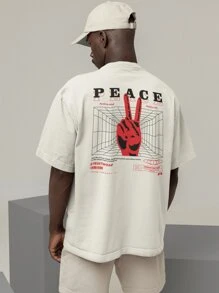 Camiseta Oversized Gola Alta Streetwear Algodão Estilo Urbano Treino Casual Preto Off Whte e Marrom Estampada - Champanhe - Visão 1