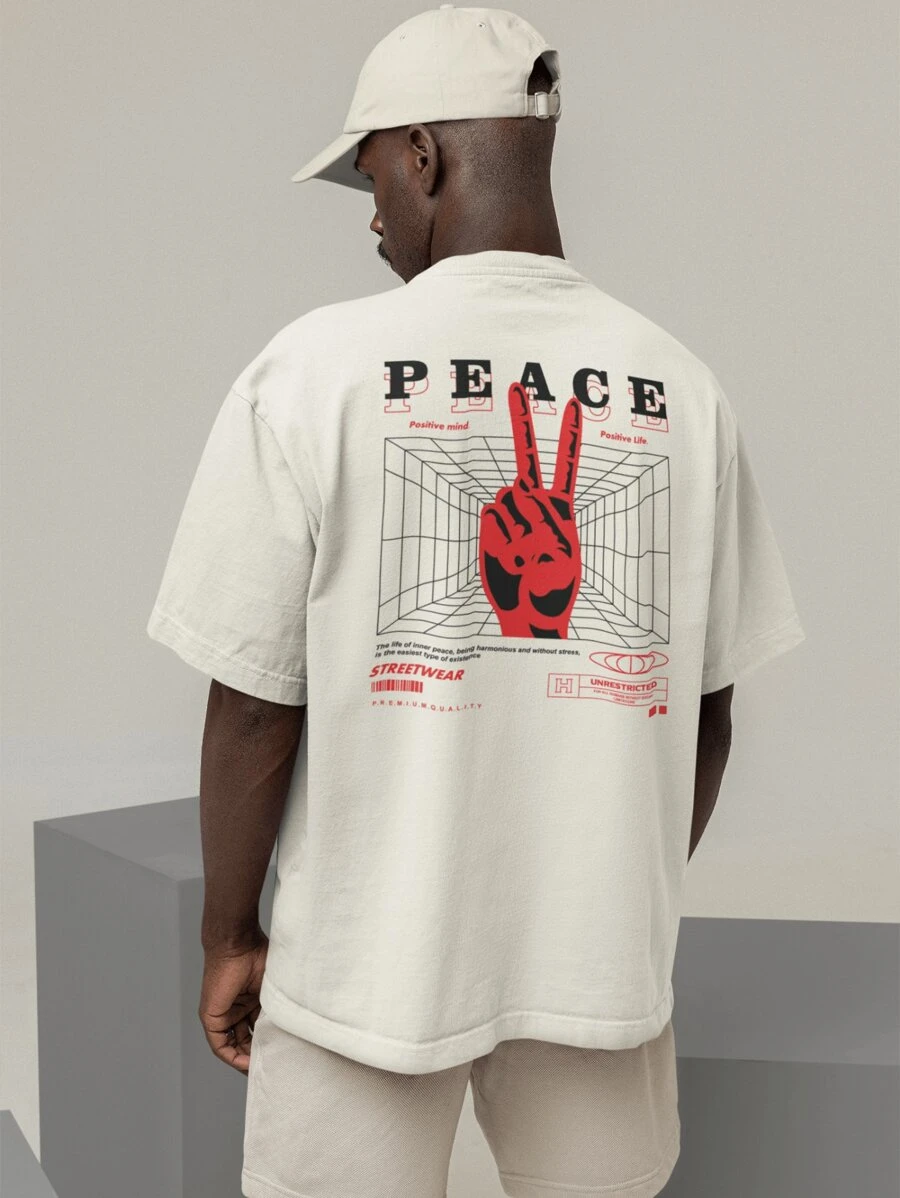 Camiseta Oversized Gola Alta Streetwear Algodão Estilo Urbano Treino Casual Preto Off Whte e Marrom Estampada - Champanhe - Visão 1