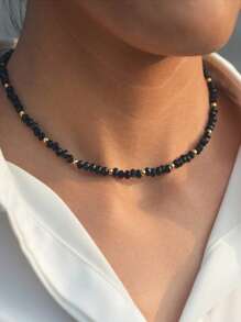 1 pieza Collar gargantilla de  negro y cuentas de color dorado para mujer, Sencillos y delicados collares de cuentas para adolescentes, joyería elegante