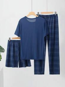 3 件套男士轻便睡衣套装，短袖衬衫和短裤或长裤，夏季格子睡衣套装 - 藏蓝色 - 查看 2