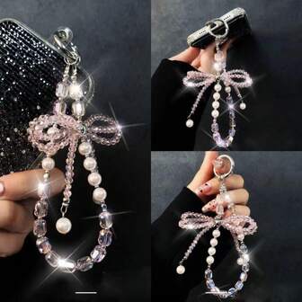 Dopamine Girl Pink Crystal Cell Phone Lanyard With Bow Charm, Creative Short Adorable Handbag Pendant Keychain Gifts For Mother, Family, Friends, Birthday, Holiday Phone Charm, Phone Chain