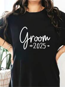 Groom Est 2025 Married Wedding Engagement Getting Ready T-Shirt, Small, Black Short Sleeve Round Neck Casual Top For Summer & Spring, Women's Clothing