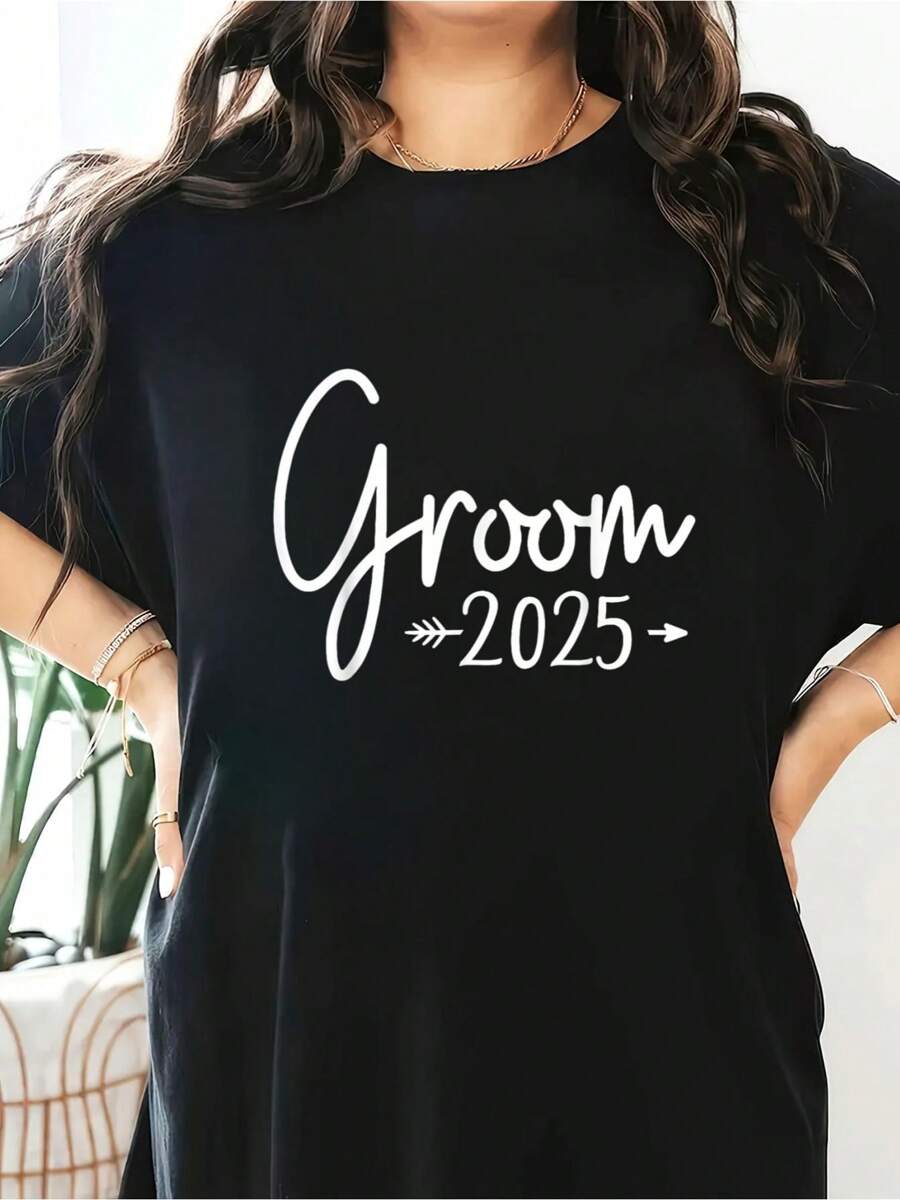 Groom Est 2025 Married Wedding Engagement Getting Ready T-Shirt, Small, Black Short Sleeve Round Neck Casual Top For Summer & Spring, Women's Clothing
