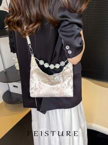 1pc Solid Color Nylon Fabric Chinese Style Embroidered Tote Bag, Suitable For Shopping, Dating, Women's Gift, Suitable For Office Ladies, Ideal For Office, College, Work, Commuting - White - View 7