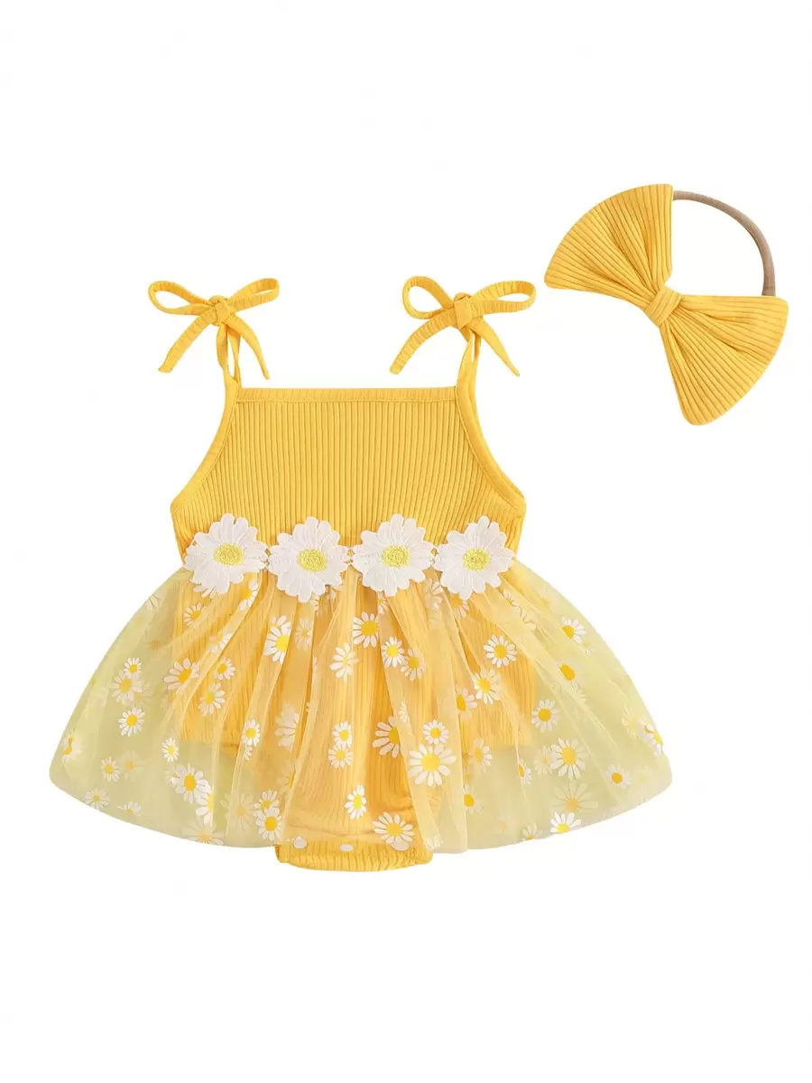 Newborn Girl Outfit, Sleeveless Flower Print Tulle Patchwork Romper Dress With Bowknot Hairband Summer Clothes - 黃色 - 查看 1