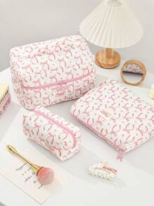 1 Piece Bow&Love Makeup Bag Fashionable Floral Makeup Organizer Set For Home Decor Quilted Rose Design Cosmetic Bag For University Student ,Girl Teenagers,White Collar,Pink Pouch Bag With Bow Zipper Travelling Stuff Storage Bag For Holiday - Multicolor - View 1