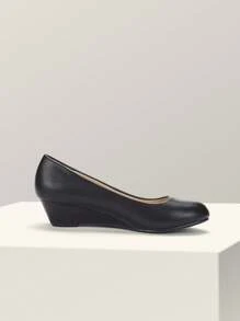 Women's Mid Wedge Heel Pumps Closed Toe Slip-On Elegant Comfortable Casual Shoes - Black - View 6