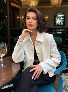 Women's New Short Jacket, Coarse Woolen, Simple And Fashionable, Symmetrical Pocket Texture, Small Fragrant Style Jacket - White - View 2