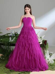 Teen Girl Elegant Strapless Party Prom Dress With Multi-Layer Mesh Hem - Hot Pink - View 5