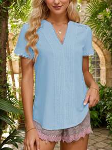 SANOPY Womens Blouses,Blouses For Women Dressy Casual,Womens Dressy Casual Blouses Short Sleeve V Neck Business Tops Ladies Summer Office Work Shirts - 藍色 - 查看 4