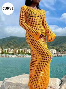 加大码性感纯色镂空长袖超长邮轮罩衫连衣裙夏季