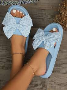 1 Pair Spring/Summer New Polka Dot Bow DIY Slippers, Thick Sole Comfortable Plastic Slides, Suitable For Beach, Bathroom, Resort, Girls - Baby Blue - View 3