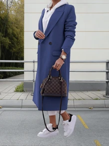 Gabardina de invierno de mezcla de lana cruzada para mujer de Youiham, chaqueta larga y elegante con cuello de solapa con muescas - azul real - Ver 3