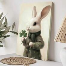 1pc St. Patrick's Day Framed Canvas Wall Art Poster Realism Surrealism Green Neutral A White Rabbit Holding A Four Leaf Clover Wall Art For Living Room Bedroom Bathroom Kitchen Apartment Hotel, Artful Home Decoration - Framed, Vertical