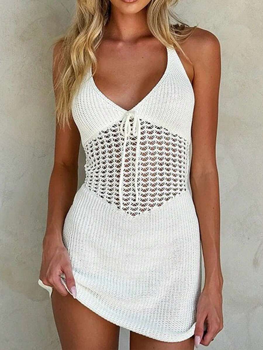 镂空系带针织连衣裙，春夏 - 白色 - 查看 1