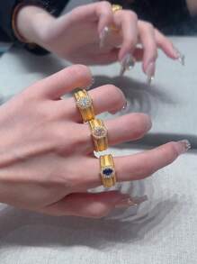 小众设计，复古鸽子蛋戒指，女款拉丝珠闪耀水钻宽面，拉丝戒指，小众时尚设计，百搭戒指，时尚高级感，优雅手链，女士日常派对配饰，时尚首饰，闺蜜礼物 - 金色 - 查看 12