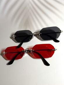 015835340007 2副男士超大红色六边形镜框复古全金属时尚眼镜，渐变色，适合街头、海滩、日常通勤，经典复古旅行者时尚眼镜（含挂绳和清洁布） - 1*金/灰+1*金/紅 - 查看 4