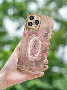 1pc 6D Electroplated Pink TPU Retro Virgin Mary Pattern Shockproof Phone Case Compatible With IPhone, Galaxy, Redmi, OPPO Phones, Compatible With IPhone 15 PRO MAX, IPhone 16 Pro Max, Galaxy A05, A54 5G, A52, A52s 5G, S21 FE 5G, S23 Ultra, S24 Ultra 5G, Poco X5 Pro Waterproof Anti-Fall Scratch Resistant - Multicolor - View 5