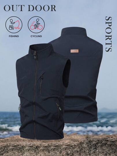 Spring/Summer Men's Solid Color Casual Stand Collar Multi-Pocket Utility Vest Jacket, Outdoor Photography Fishing Gilet