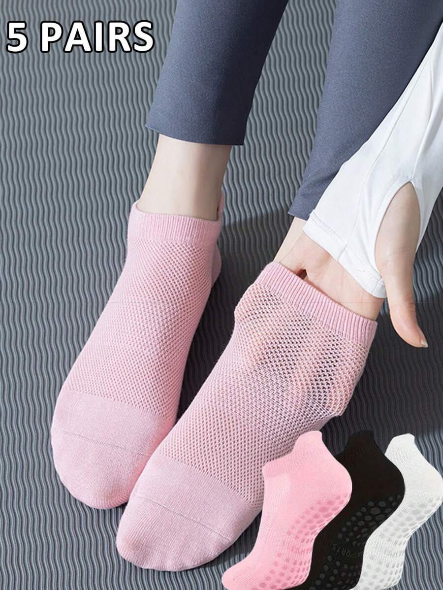 5 Pairs Solid Color High-Quality Breathable Mesh Socks, Comfortable, Wear-Resistant, Non-Slip Silicone Bottom Design, Suitable For Men & Women, Spring/Summer, Essential For Pilates & Yoga
