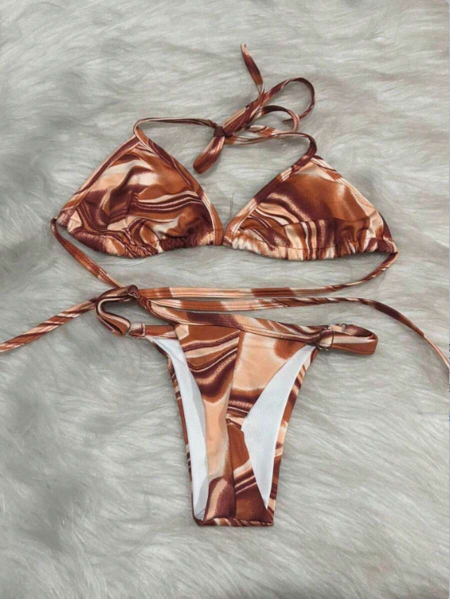 TRICO-ZHU Two-Tone V-Neck Bikini Without Padded Panties FIDA Asa Delta Gringa Fashion Women's Clothing Beachwear Factory Has Two Different Panty Sizes.2024NEW - 棕色 - 查看 1