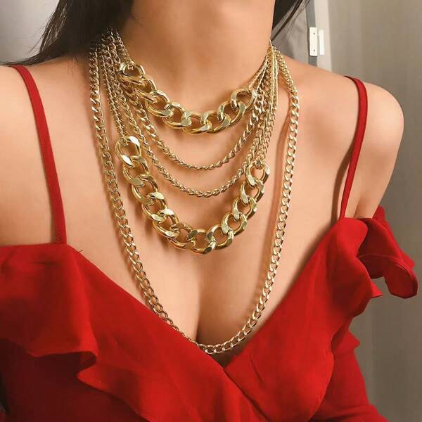 1 pezzo Collana con catena in metallo stile europeo e americano, collana punk rock e hip hop con ciondolo a più strati con frange decorativa, per donne