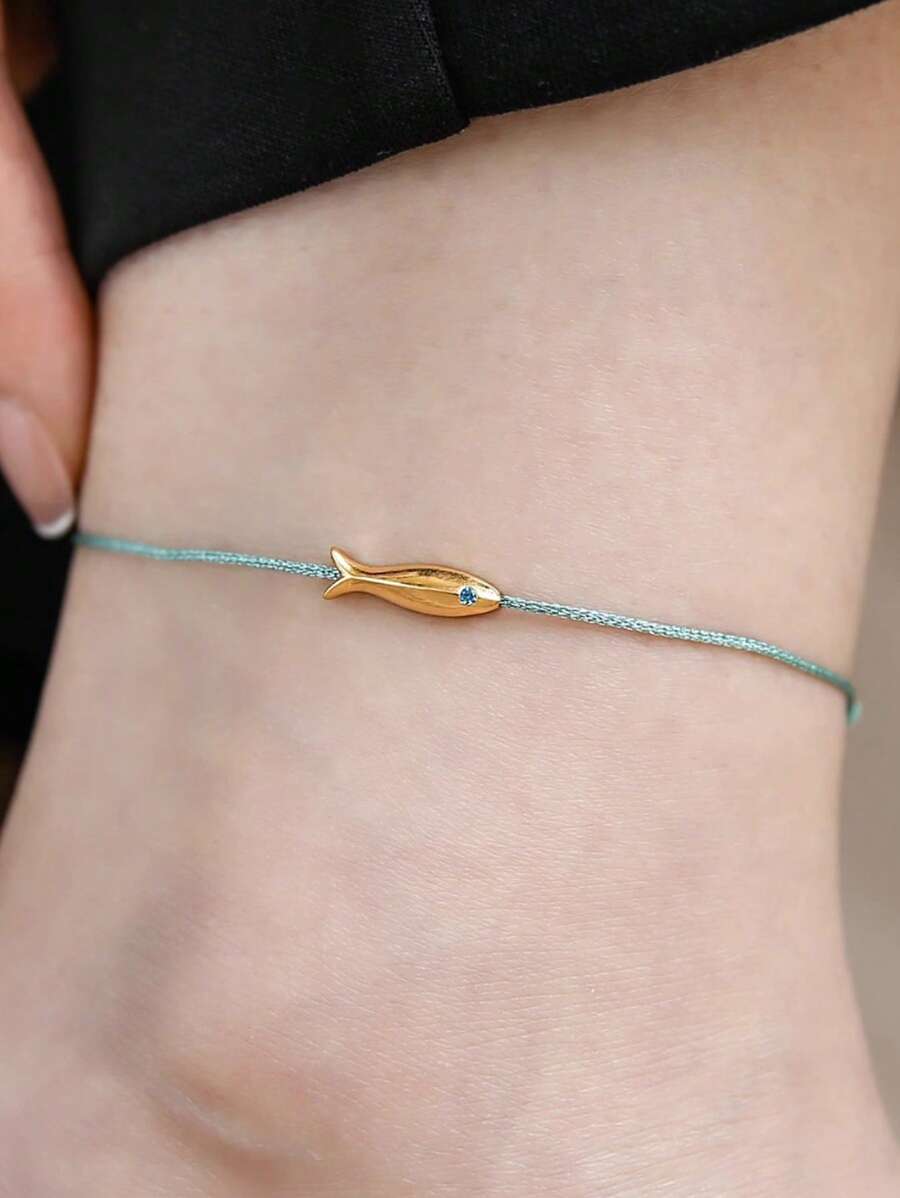 1pc Multicolor Fish Pattern Leather Cord Metal Anklet, Fashion & Personalized, Suitable For Women Party & Daily Wear - Multicolor - View 1