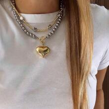 1pc Beaded Necklace, Women Heart Locket Pendant Necklace, Silver Bead & Heart Charm