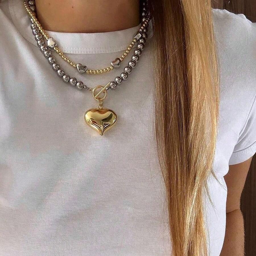 1pc Beaded Necklace, Women Heart Locket Pendant Necklace, Silver Bead & Heart Charm