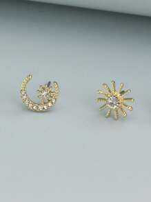 1 Pair Delicate Elegant Rhinestone Star & Moon Stud Earrings, Suitable For Women On Holidays, Birthday, Date, Party, Vacation, Daily Commute