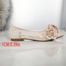 Women Lace Mesh Flats, Pointed Toe Camellia Versatile Comfortable Slip-On Shoes, Summer - Apricot - View 3
