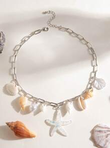 1pc Bohemian Beachy Style Resin White Faux Pearl Starfish Shell Pendant Necklace, Women Holiday Beach Party Gift, Middle East Ramadan Event