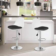 Lot de 2 tabourets de bar, tabouret de bar rembourré avec structure en acier, dossier, chaises de cuisine réglables en hauteur avec repose-pieds, tabouret de comptoir rotatif à 360° pour cuisine, salon, salle à manger - Blanc+Noir - Voir 6
