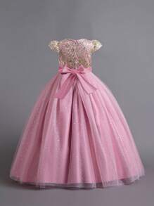 Tween Girls Embroidered Tulle Bow Princess Dress, Suitable For Flower Girl, Birthday Party, Piano Recital, Formal Occasions, Does Not Include Headband - Dusty Pink - View 2