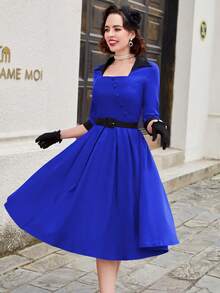 MUXXN Vintage Elegant Button Patchwork Square Collar Midi A-Line Cocktail Party Dress - Royal Blue - View 4