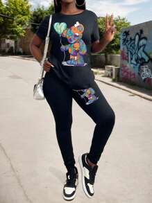 Cute Cartoon Bear Print Casual Loose Sweatshirt And Sweatpants Set - Black - View 3