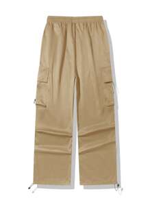 Men's Casual Multi-Pocket Straight Leg Cargo Pants, Drawstring Adjustable Waist And Hem, Oversized Loose Fit Wide Leg Trousers - Camel - View 3