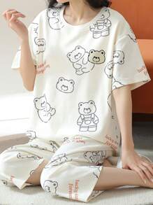 AICJ 2 件女式春夏休闲简约插肩袖卡通熊圆领套头上衣和七分裤睡衣套装，母亲节礼物，两件套 - 白色 - 查看 5