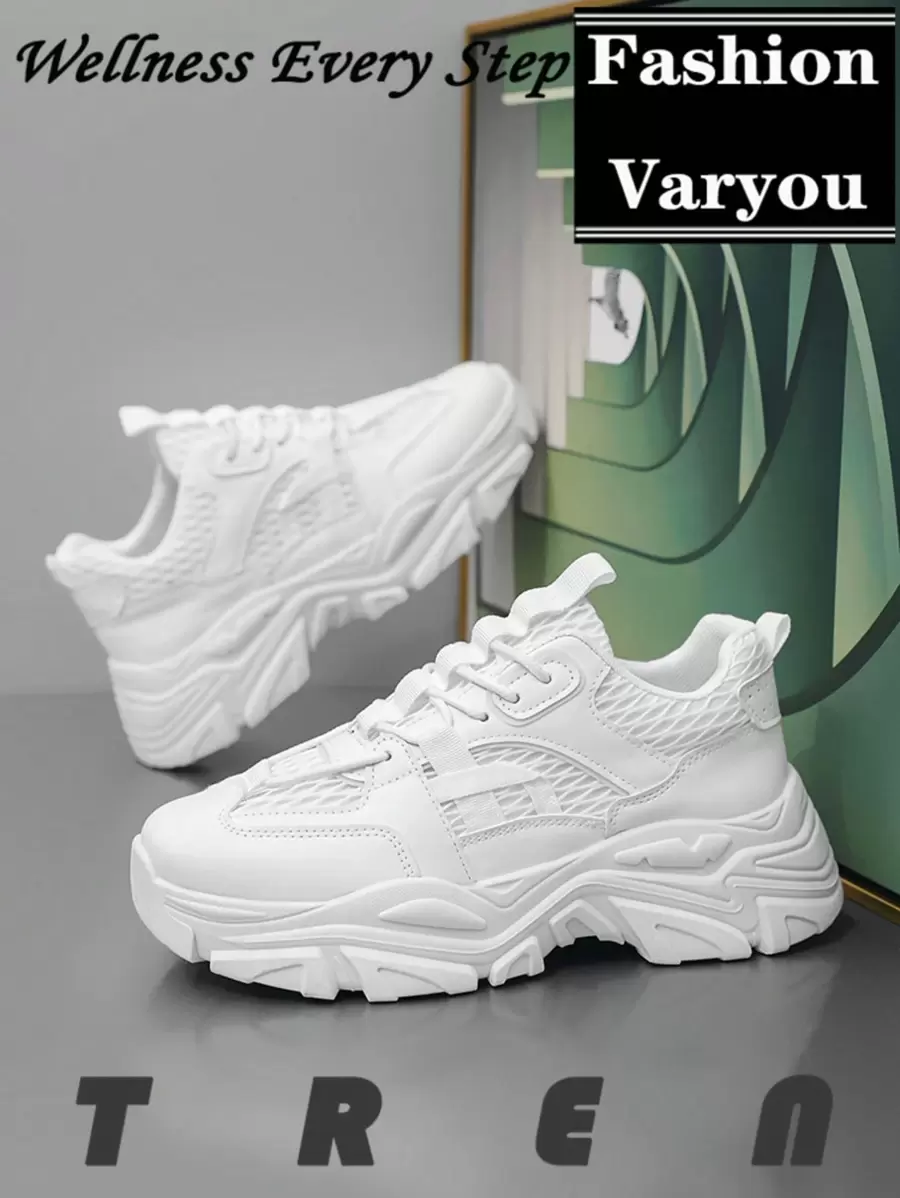 Men's Plus Size Solid Color Lace-Up Running Shoes, Casual Comfortable Non-Slip Walking Shoes With Hook And Loop Fasteners, Easy To Clean, Sports Campus Style Sneakers, Student Shoes - White - View 1