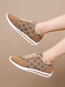 女士平底运动鞋，皮革鞋面，透气软底，轻便跑鞋，时尚百搭休闲运动鞋，四季皆宜 - 棕色 - 查看 6