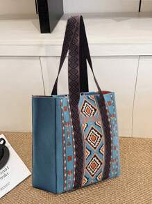 Damen Shopper, Blauer Boho-Stil Schultertasche, großer Handtaschenraum für Studentinnen, Bürotasche für Berufspendler, Tasche für Laptop, Tablet-Aufbewahrung