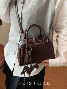 1 Pieza, Bolsa de tela Bowling de PU de estilo retro, Bolsa cuadrada pequeña de mujer con cierre de cremallera, Bolso bandolera transversal (Sigue la tienda para accesorios colgantes anudados), Adecuado para niñas, mujeres, estudiantes universitarias, nuevos profesionales y trabajadores de oficina, Muy adecuado para trabajo, negocios, ir y venir del trabajo, escuela