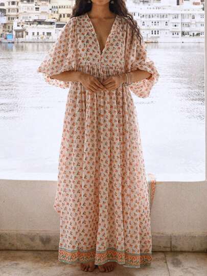 Women Summer Long Dress 3/4 Sleeve V Neck Floral Print Sundress Loose Fall Casual Dresses Daily Outwear Streetwear
