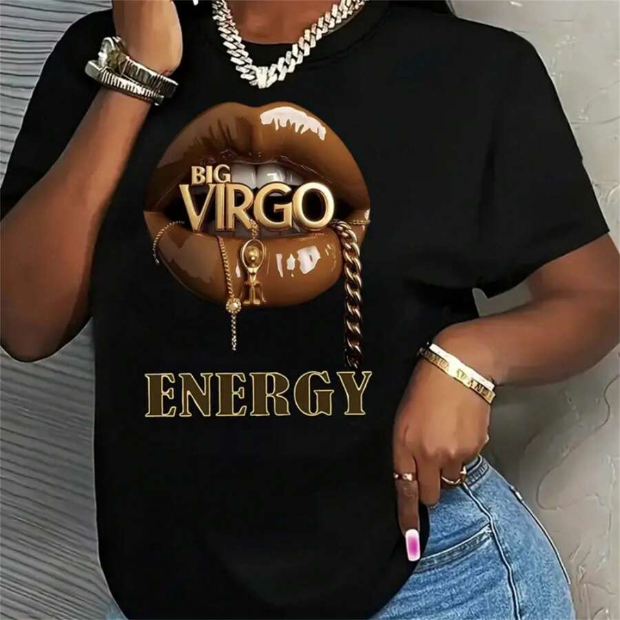 ENERGY BIG VIRGO Print T-Shirt, Short Sleeve Crew Neck Casual Top For All Season Women's Clothing. - Black - View 1